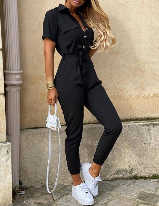 Elegant Jumpsuit With Belt and Short Sleeves for Women